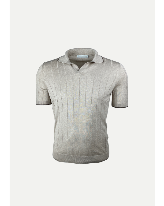 LES HOMMES D'AMSTERDAM Polo short sleeve with stripes - Silk - Sand