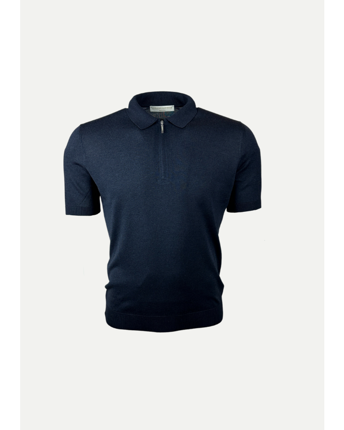 LES HOMMES D'AMSTERDAM Polo short sleeve - Half zip - Silk - Navy