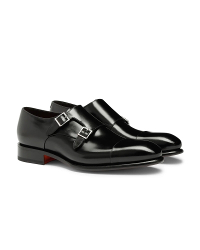 Santoni - Polished leather double-buckle shoe - Black