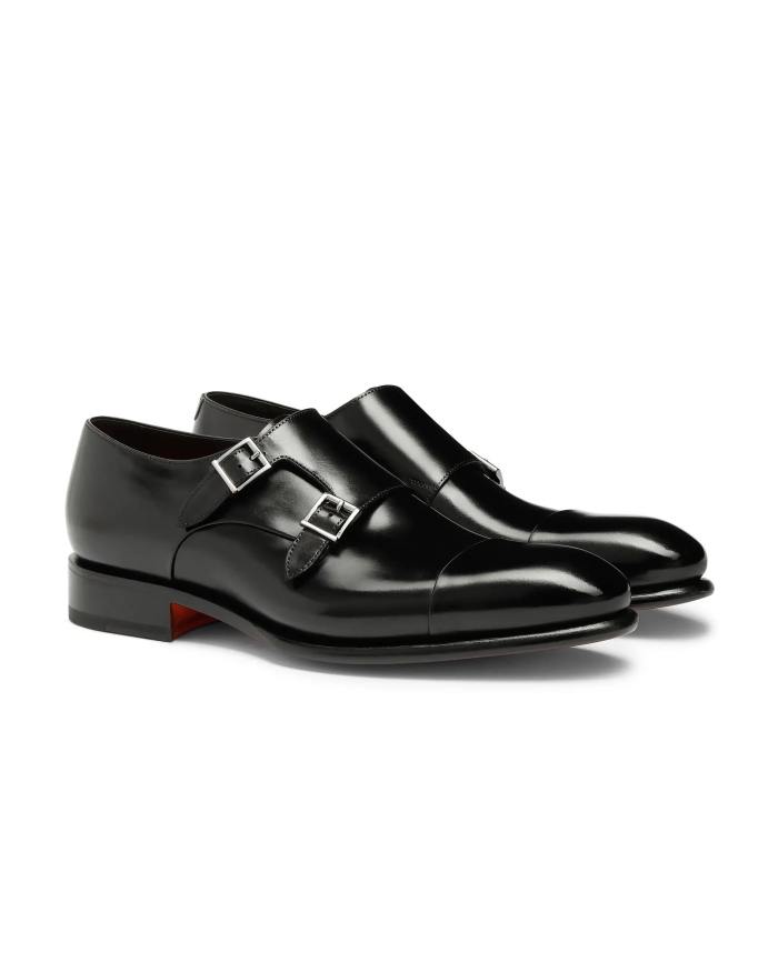 SANTONI Santoni - Polished leather double-buckle shoe - Black