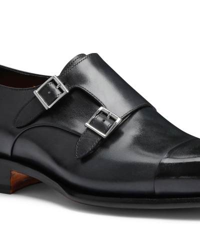 Santoni - Polished leather double-buckle shoe - Navy