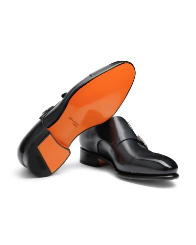 Santoni - Polished leather double-buckle shoe - Navy