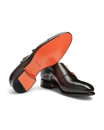 Santoni - Polished leather double-buckle shoe - Brown