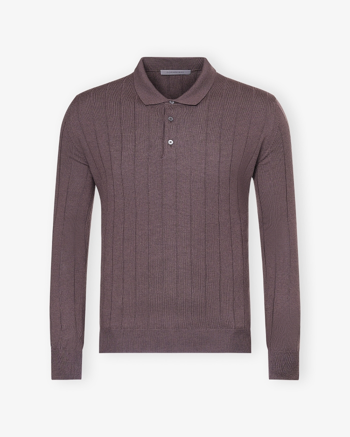CORNELIANI Corneliani - Polo long sleeve - Ribbed virgin wool - Brown